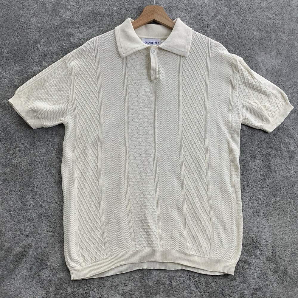 Oxknitstore Polo Shirt Mens Small Beige Retro Preppy Textured Short Sleeve